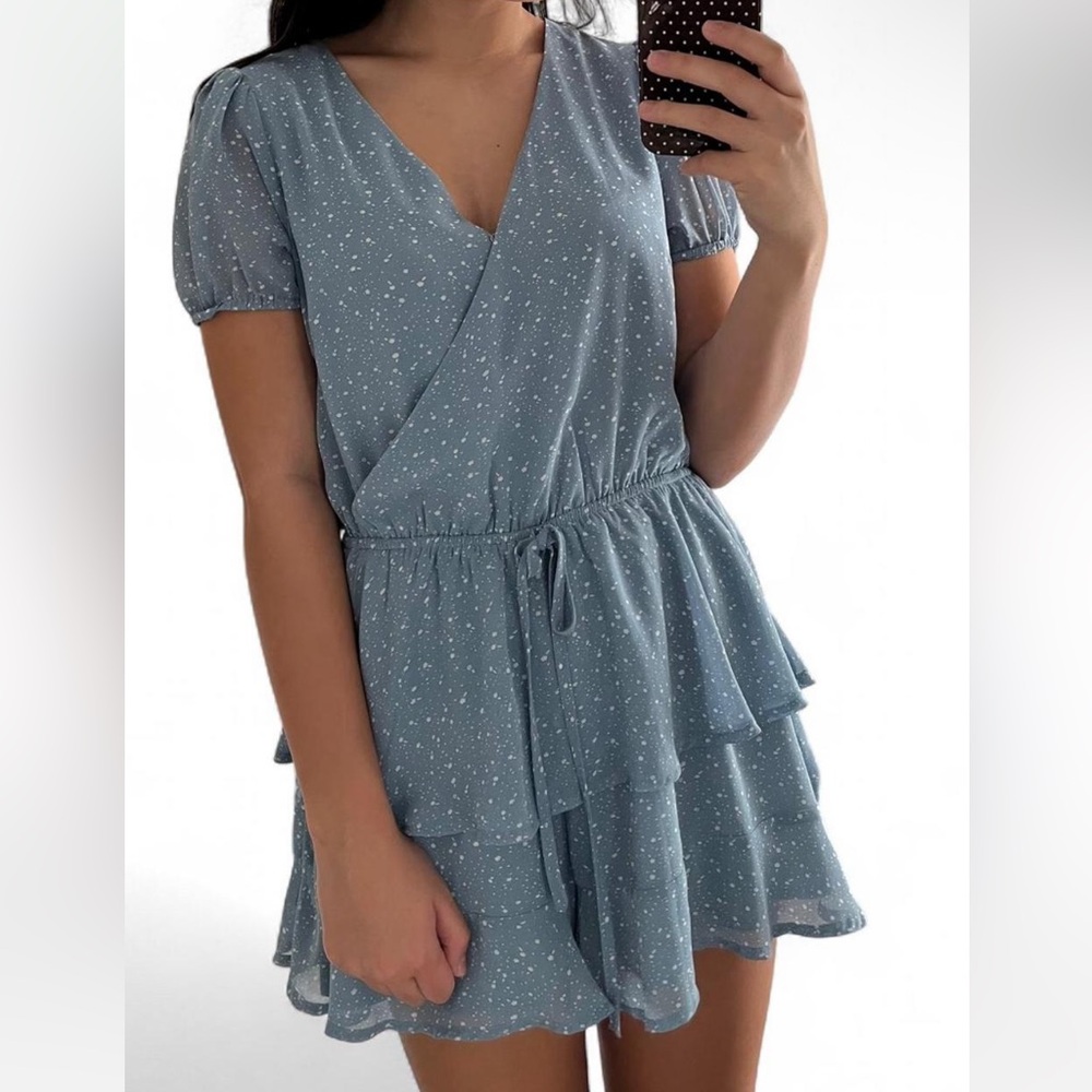 altard state blue and white polka dot romper with ruffles